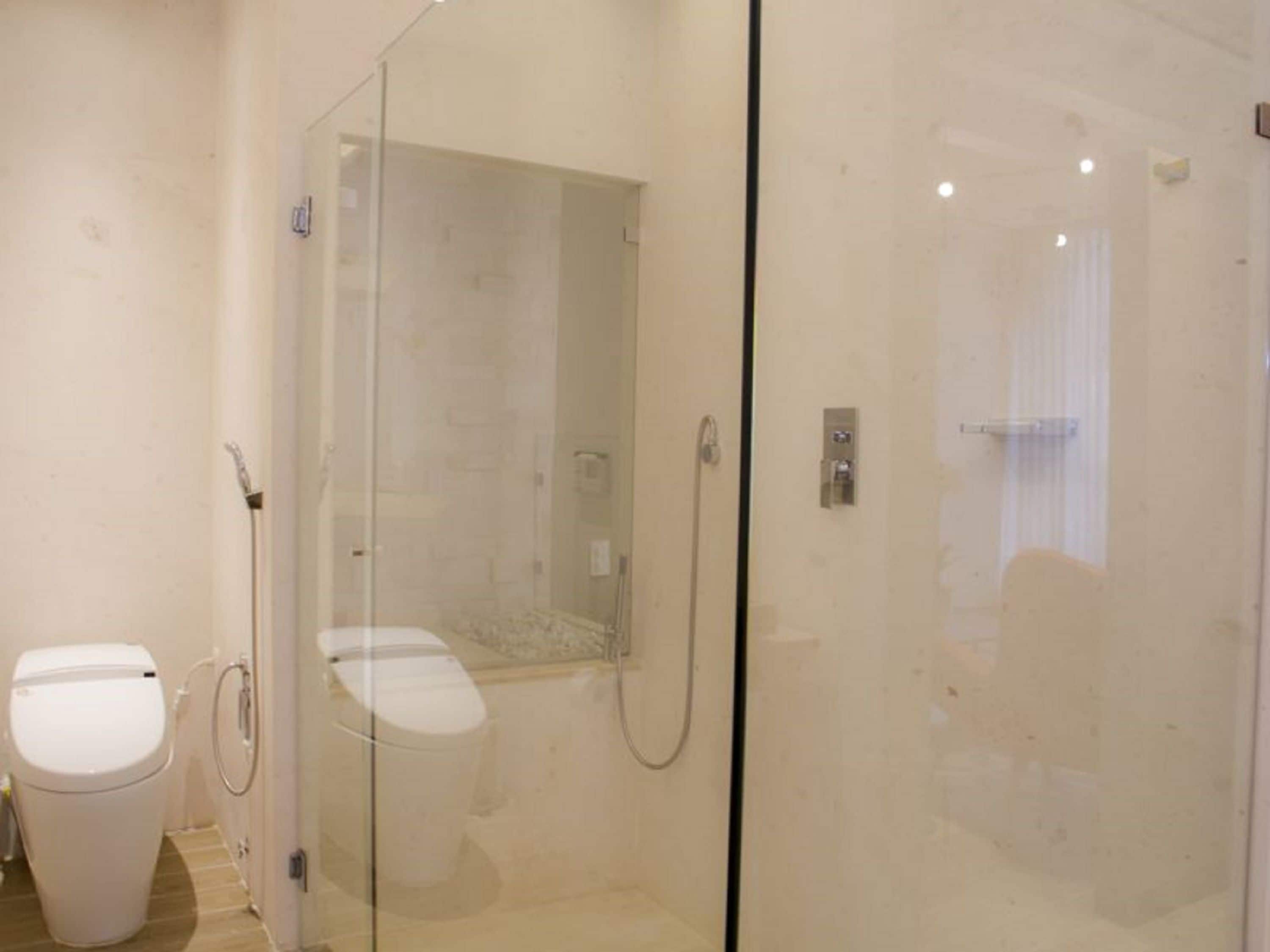 A modern bathroom with a glass-enclosed shower, a toilet, and a bidet.