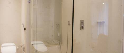 A modern bathroom with a glass-enclosed shower, a toilet, and a bidet.
