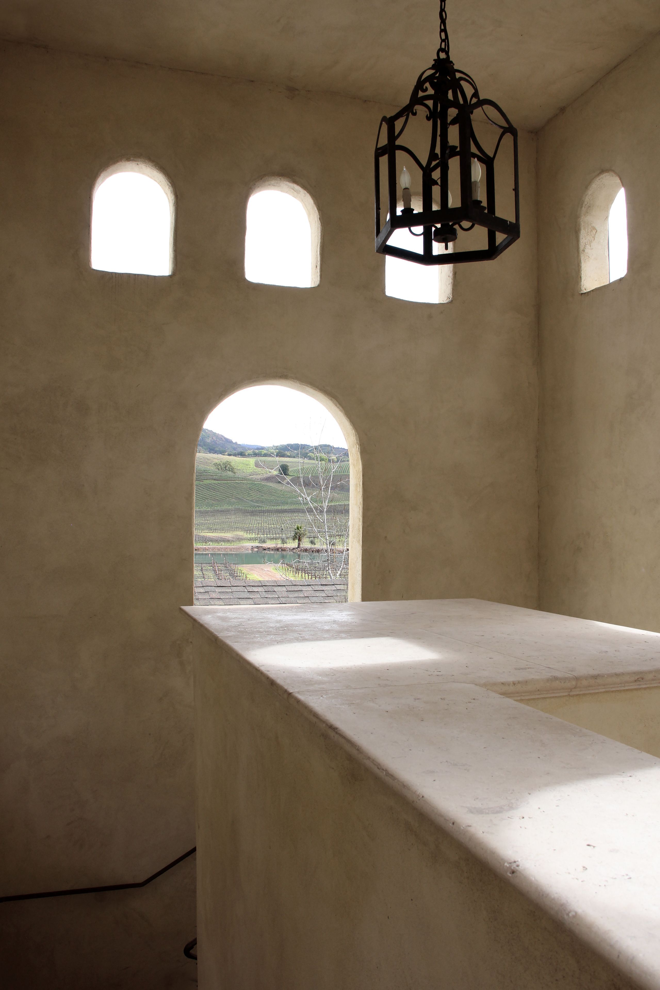 A room with a large window, a hanging light fixture, and a view of a vineyard.