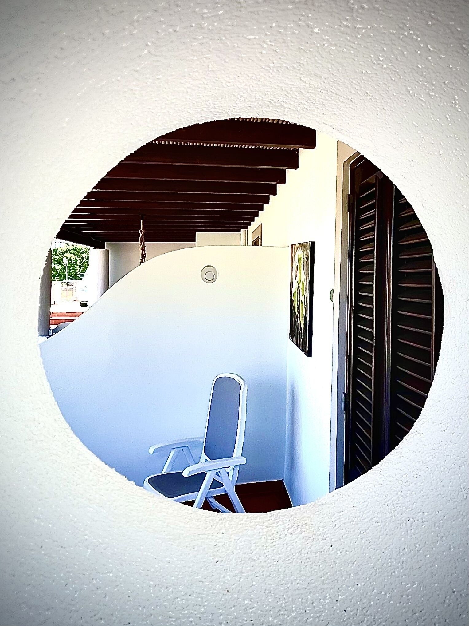 A circular view of a room with a white wall, a wooden ceiling, and a door with horizontal slats.