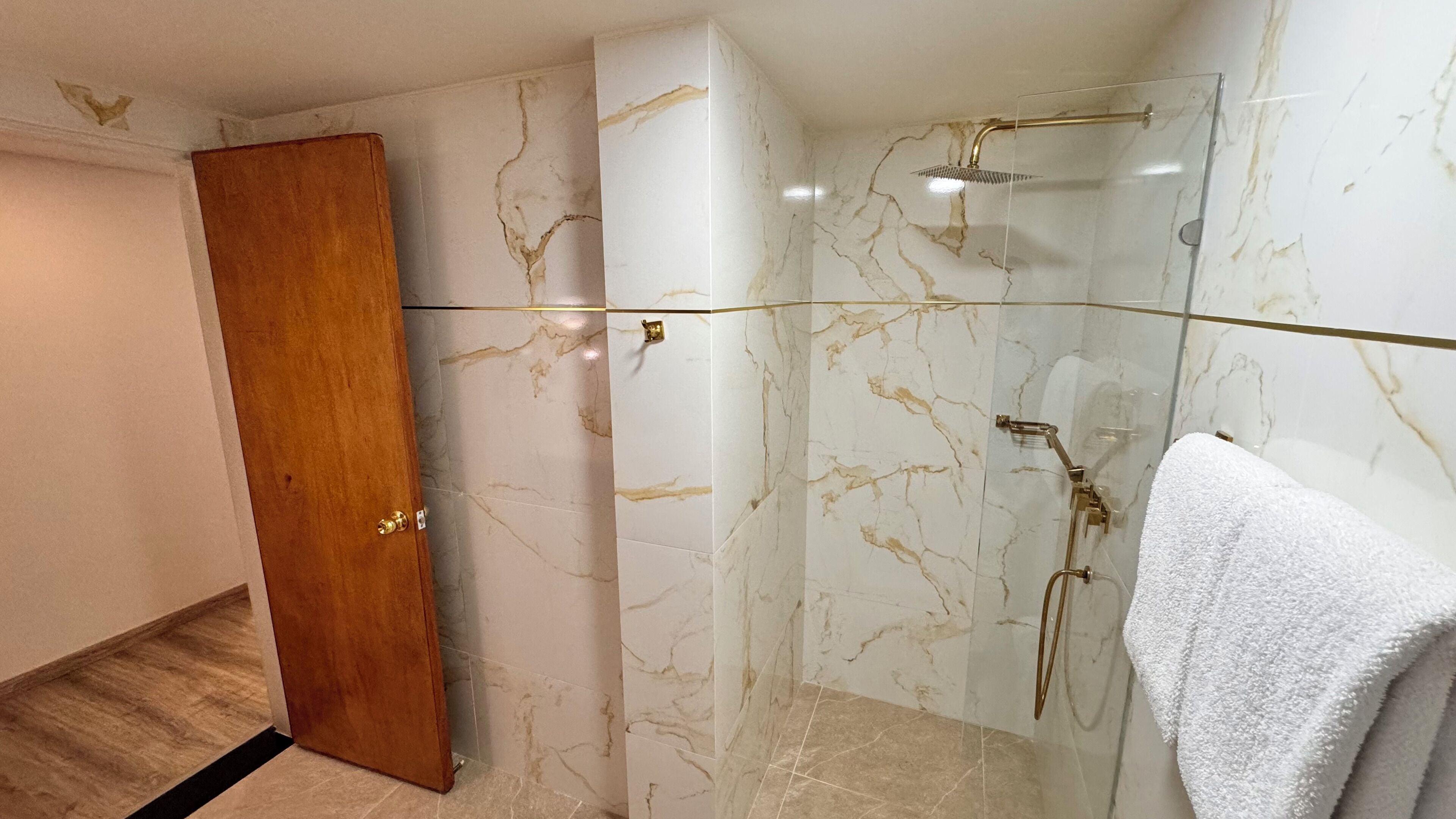 Une salle de bain moderne avec une douche à parois de verre, des murs en marbre et une porte en bois.
