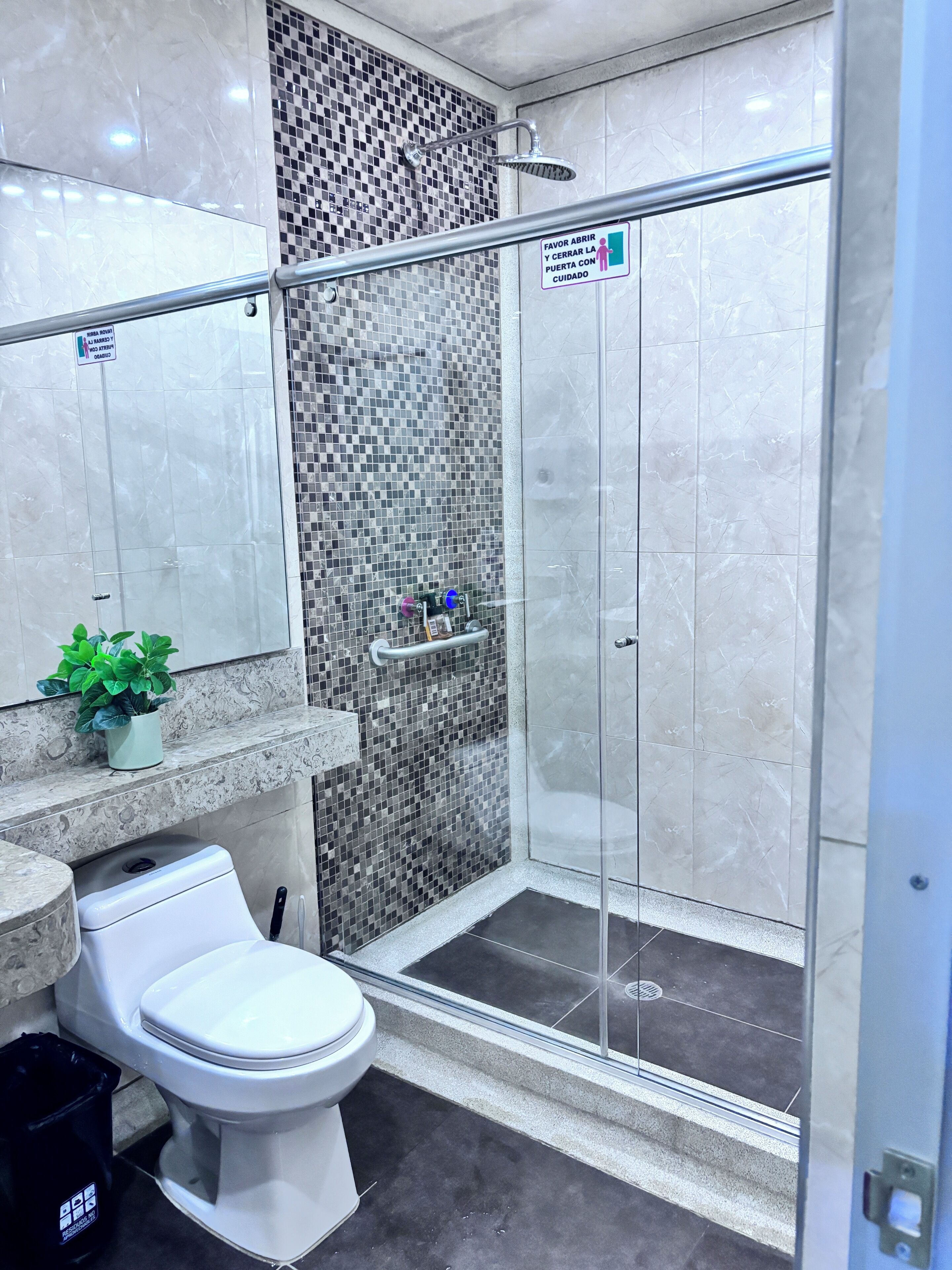 Un baño moderno con ducha de vidrio, inodoro, lavamanos con planta y salpicadero de azulejos.