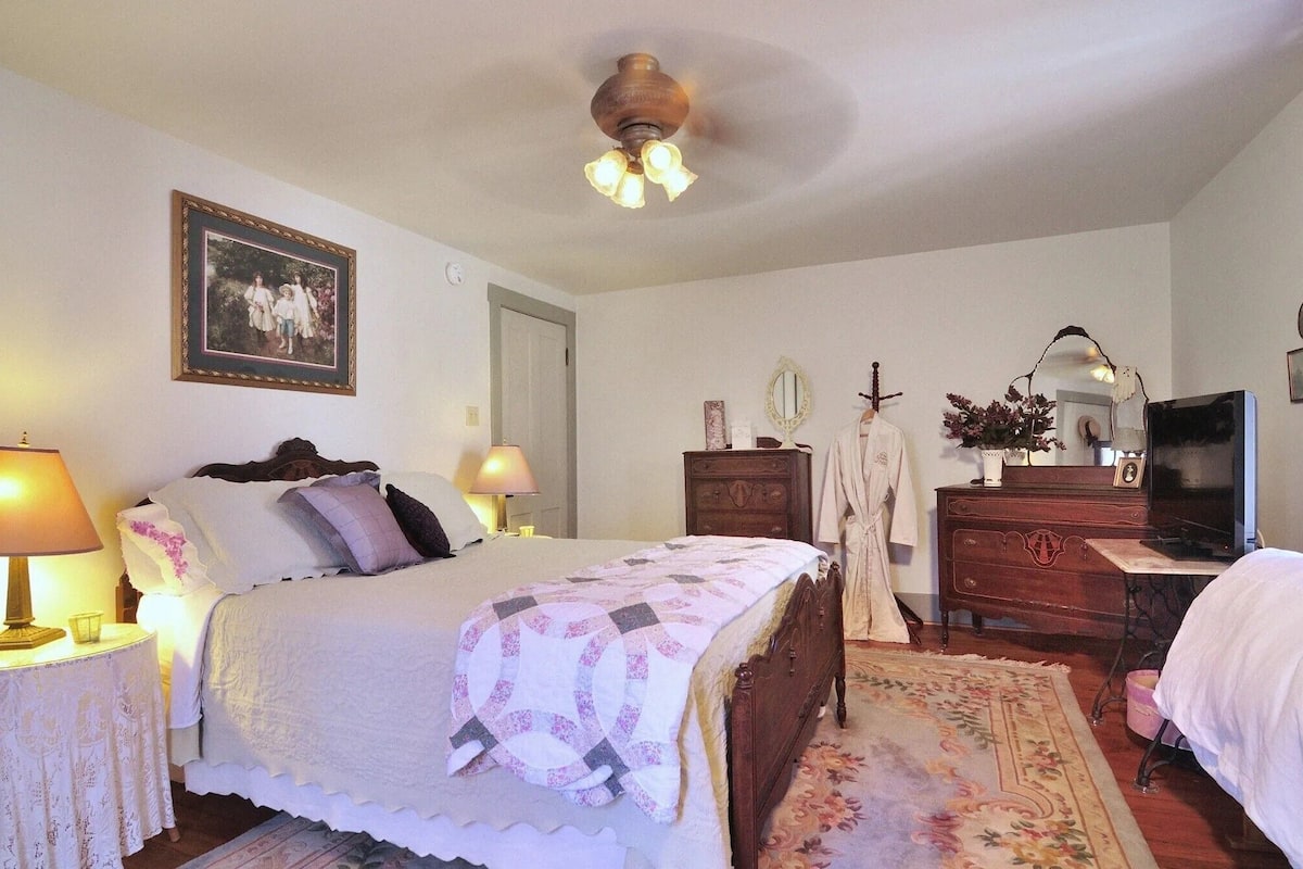 Une chambre à coucher comprenant un lit, des lampes de chevet, une commode, un miroir et un téléviseur.
