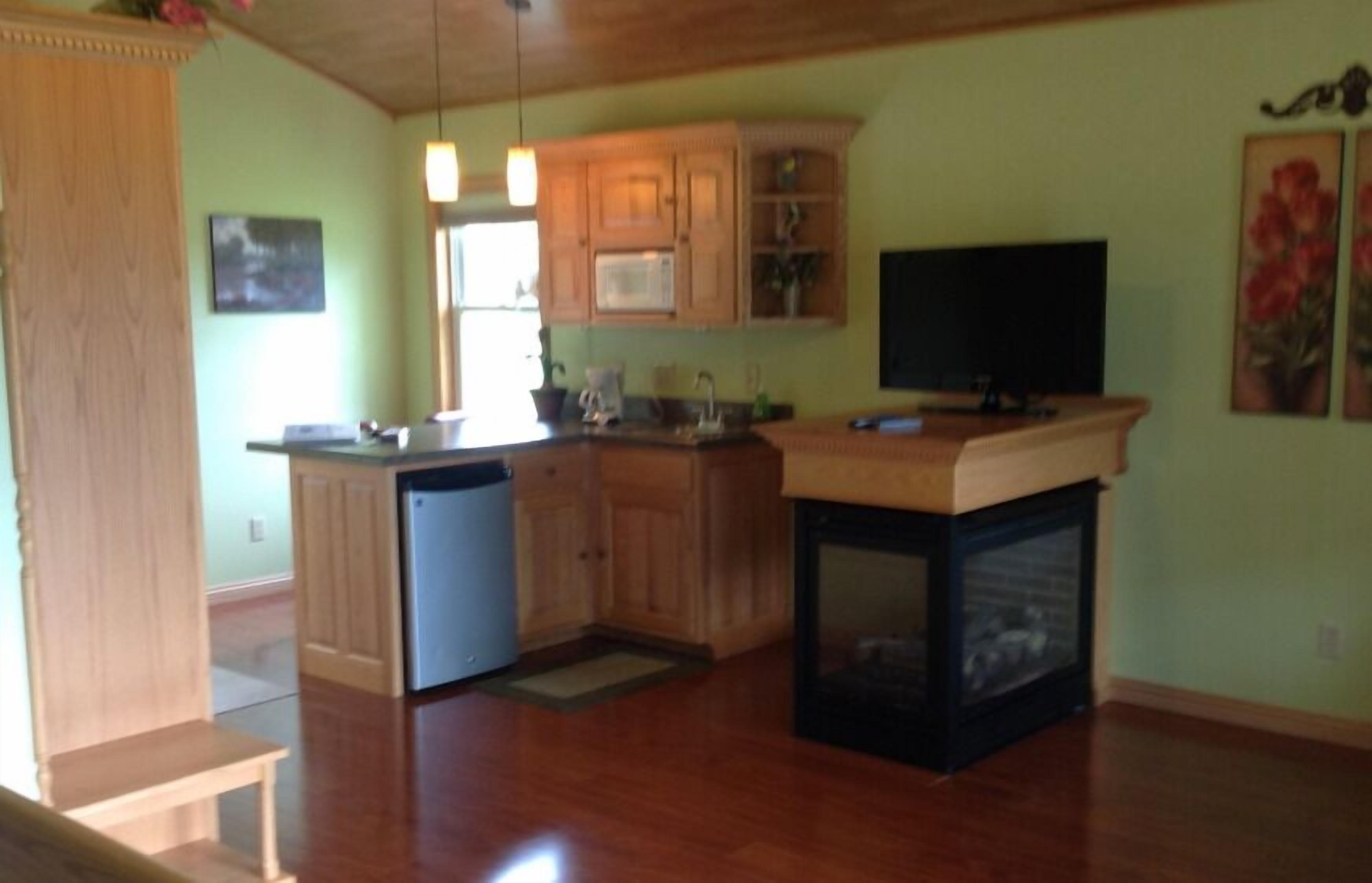 A kitchen with wooden cabinets, a microwave, a sink, and a television.