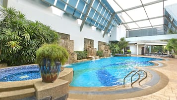 Indoor pool, outdoor pool, sun loungers