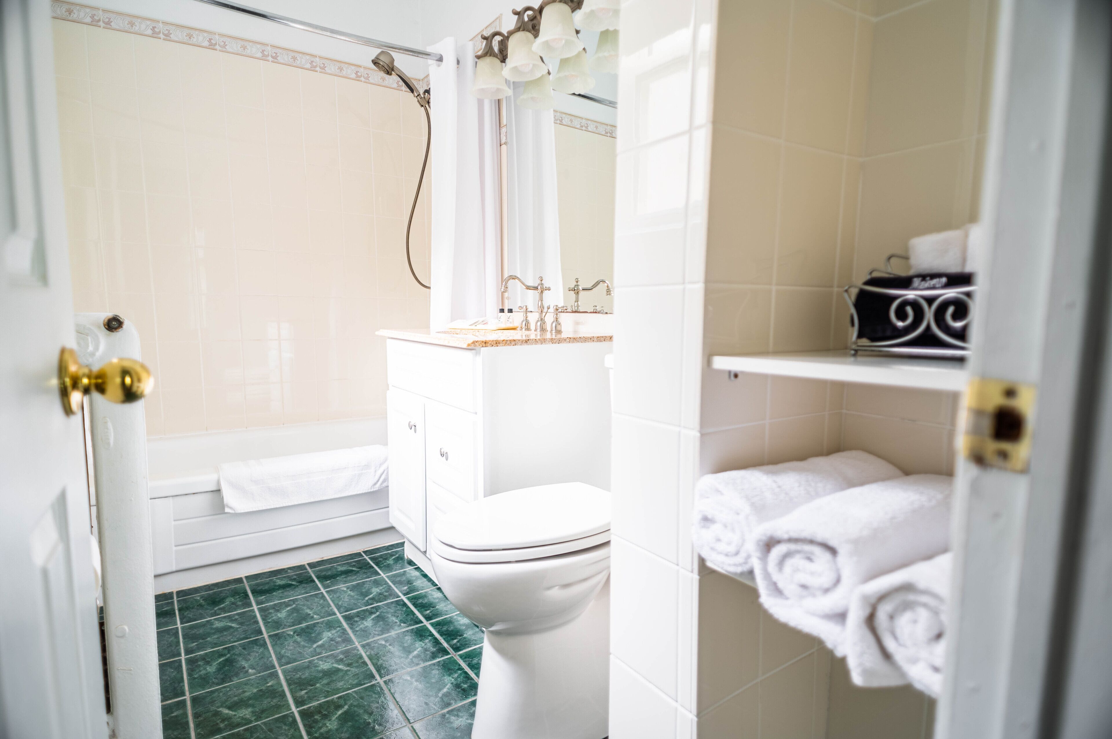 Een badkamer met toilet, douche en wastafel.