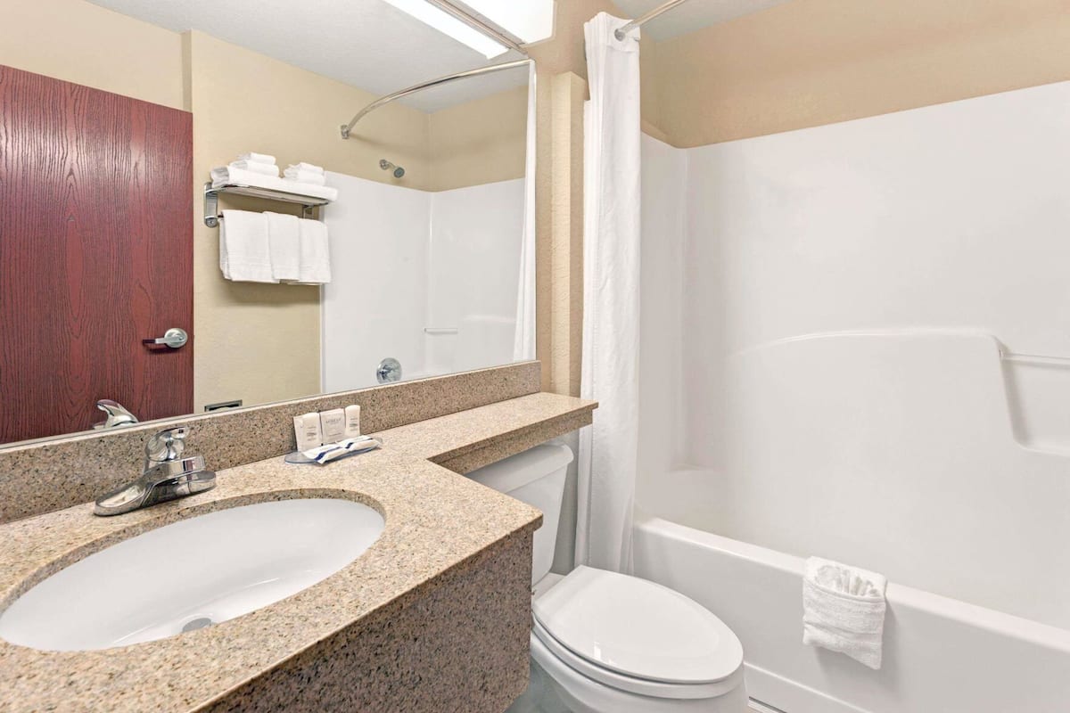 Une salle de bain équipée d’un lavabo, d’un miroir, d’une douche et de toilettes.