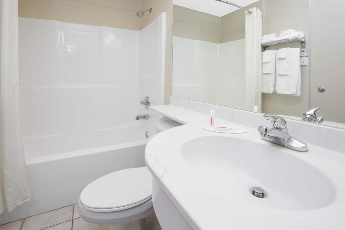 combined shower/bathtub, free toiletries, hair dryer, towels