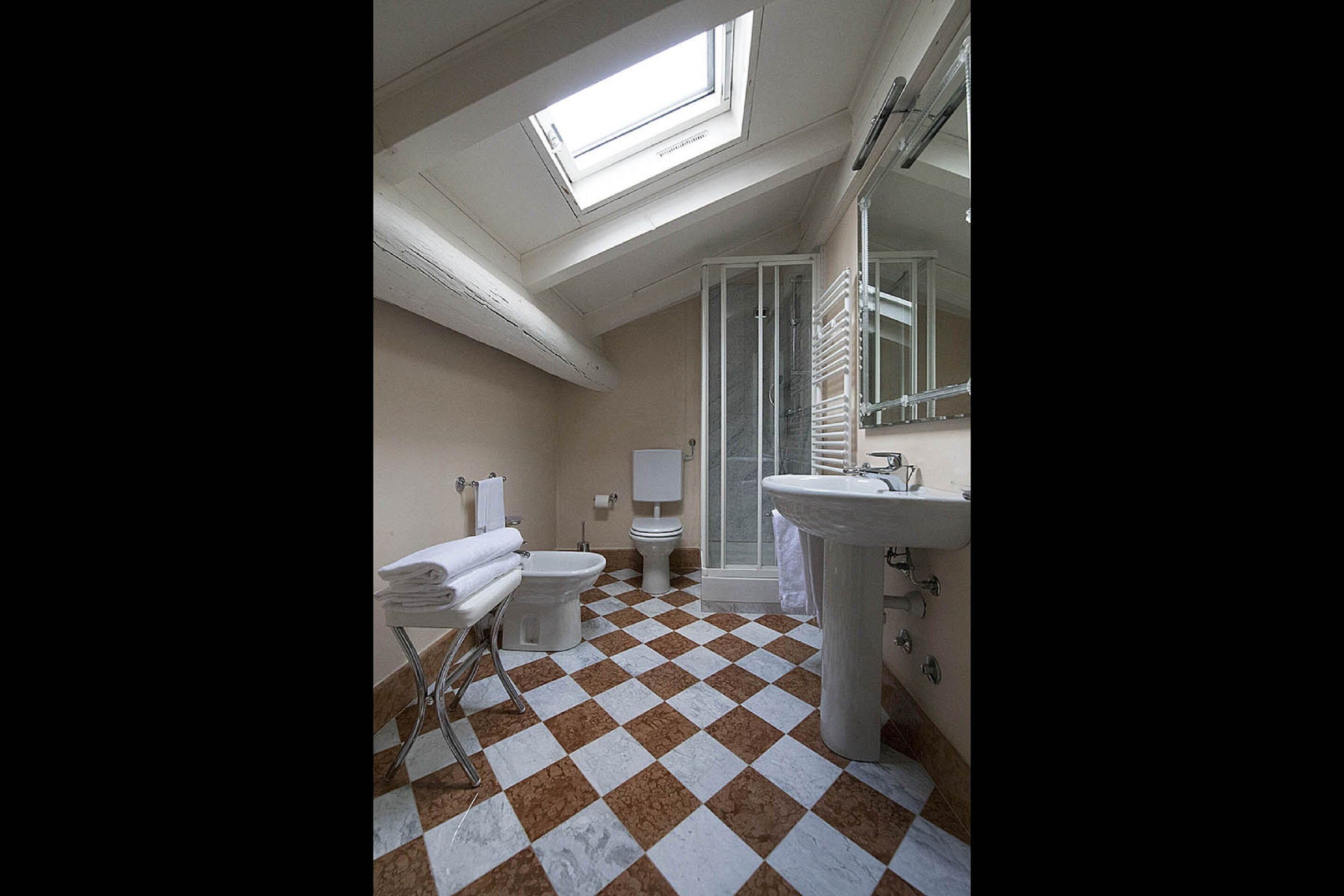Een badkamer met een zwart-wit betegelde vloer, een dakraam, een douche en een wastafel.