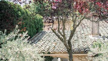 A courtyard with a tiled roof structure, a gravel path, and a row of orange bicycles.