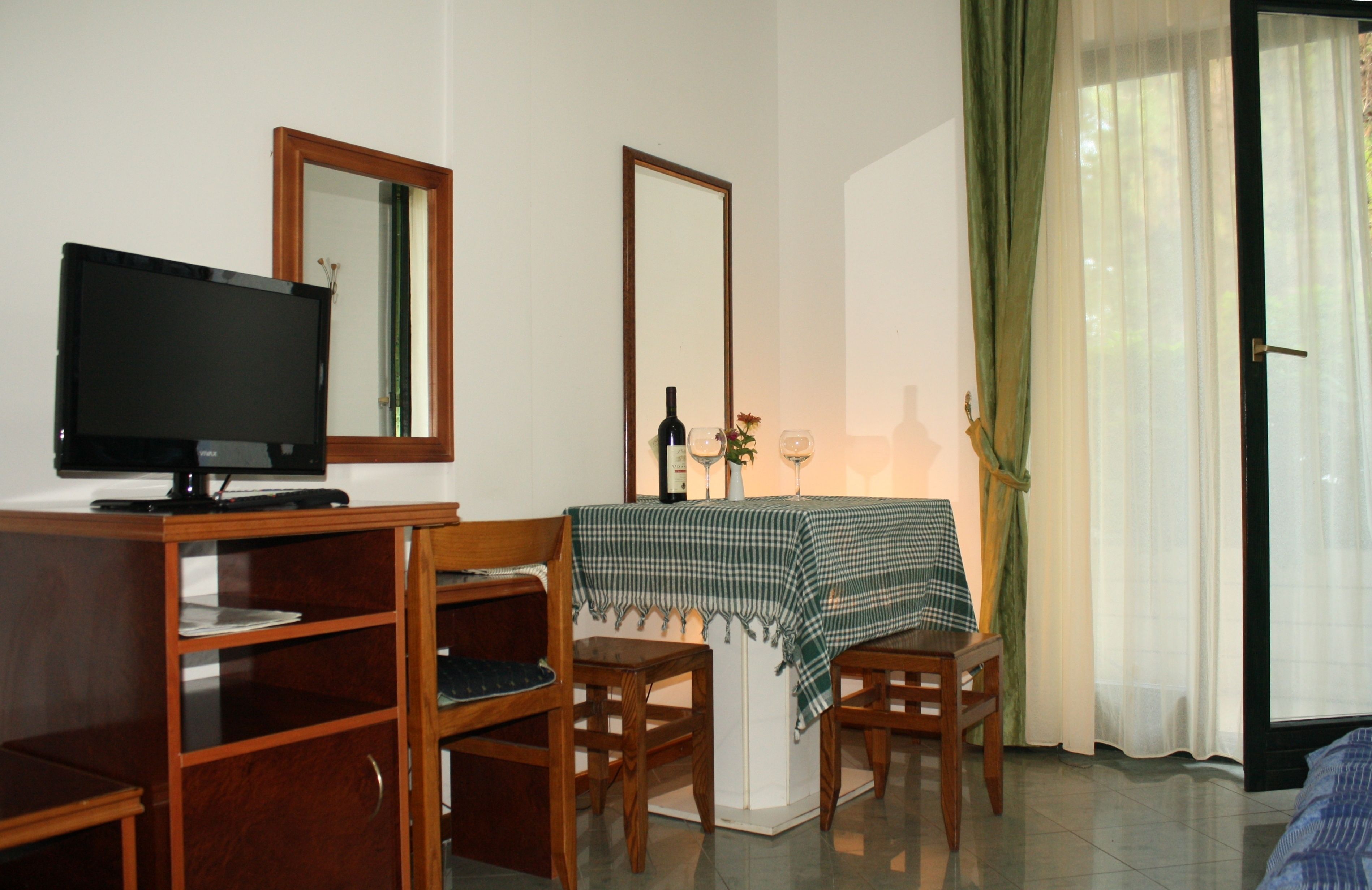 A room with a television on a wooden desk, a table with a checkered tablecloth, two chairs, a mirror, and a door with a green curtain.