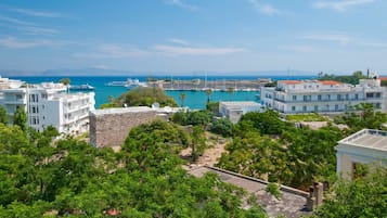 A coastal town with white buildings, a marina, and a view of the sea.