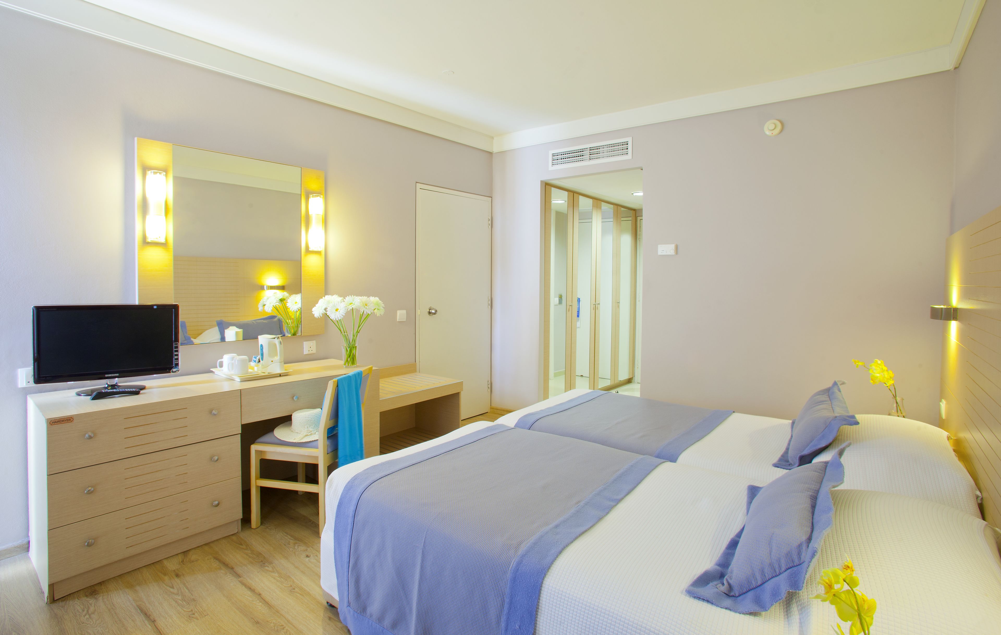 A hotel room with a bed, a desk, a chair, a television, and a mirror.