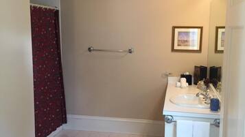 Combined shower/bathtub, free toiletries, hair dryer, towels