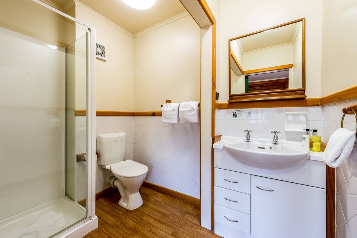 Une salle de bain avec une douche à parois de verre, des toilettes, un lavabo avec un miroir au-dessus et un revêtement de sol en panneaux de bois.