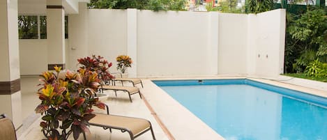 Outdoor pool, pool loungers