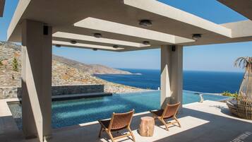 Un espace extérieur moderne, aménagé avec deux fauteuils en osier et un tabouret en bois, offrant une vue sur une piscine et un paysage magnifique de l’océan.