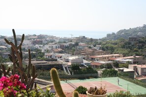 A residential area with houses, a tennis court, and a cactus in the foreground. - Albergo Villa Diana (Lipari)