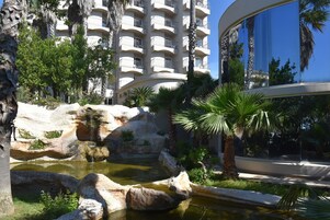 Un hotel con piscina, palmeras y paisaje rocoso.