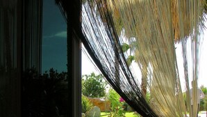 A room with a large window, a hammock, and a view of a garden with a small tree and rocks. - Hôtel Spa Restaurant l'Ostella (Bastia)