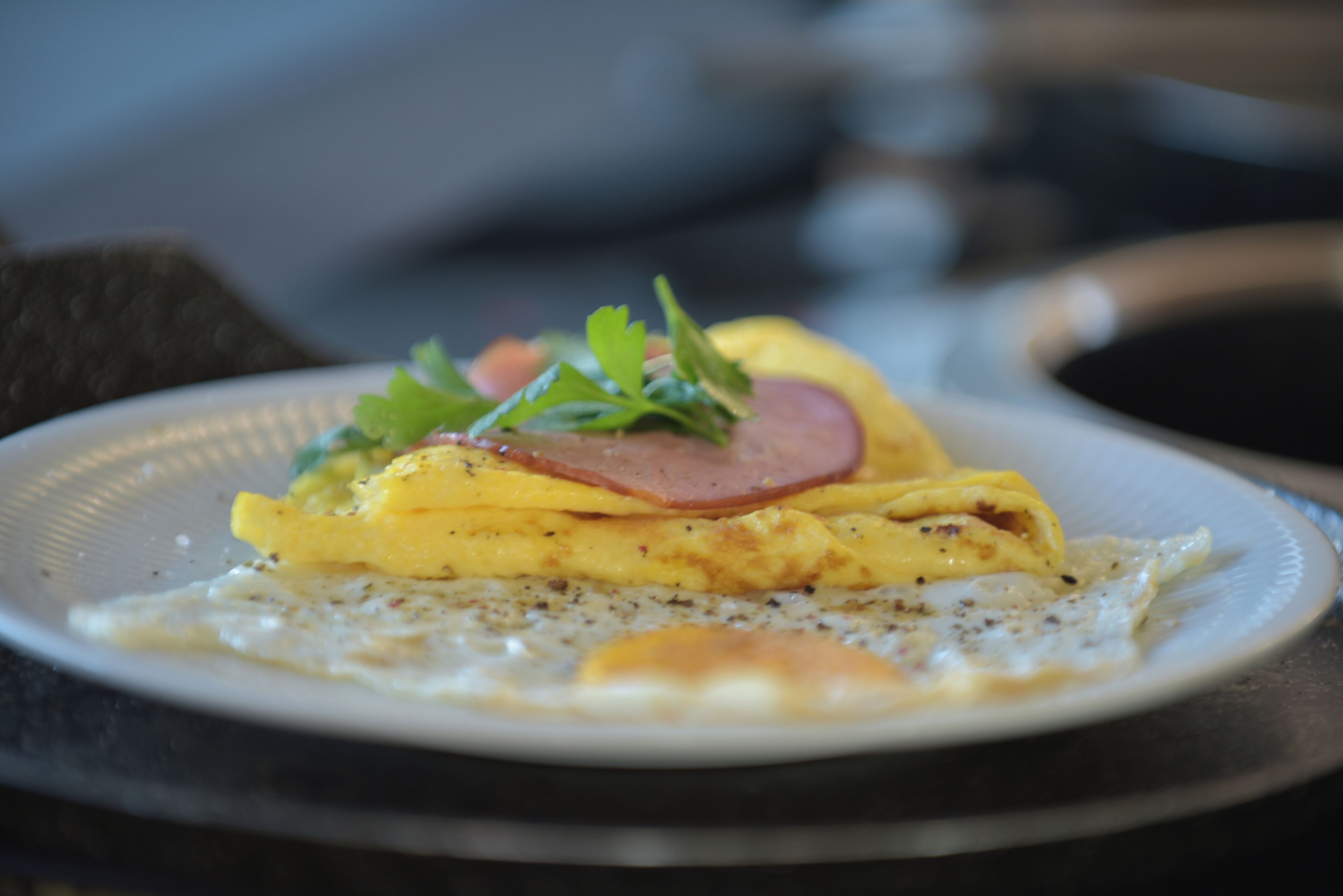 Une assiette avec une omelette, du jambon et une garniture.