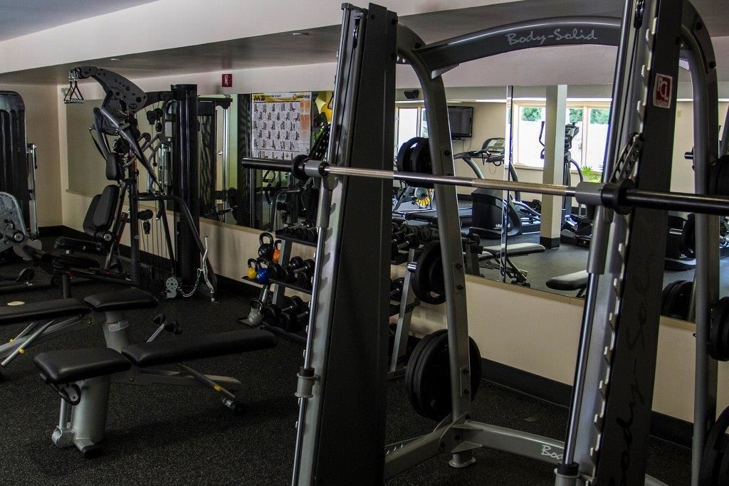 A gym with various exercise equipment, including a squat rack, benches, and weight machines.