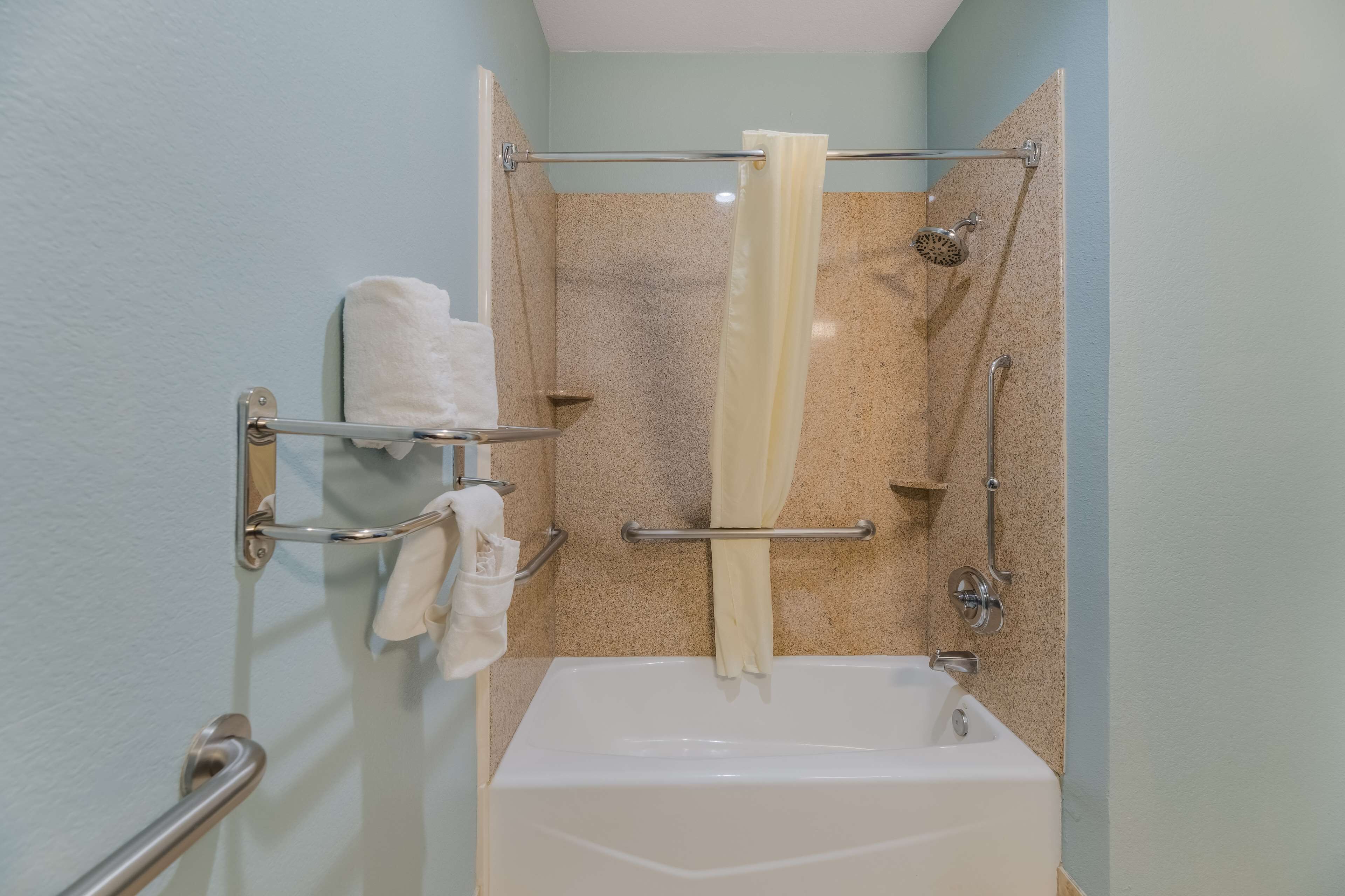 combined shower/bathtub, free toiletries, hair dryer, towels