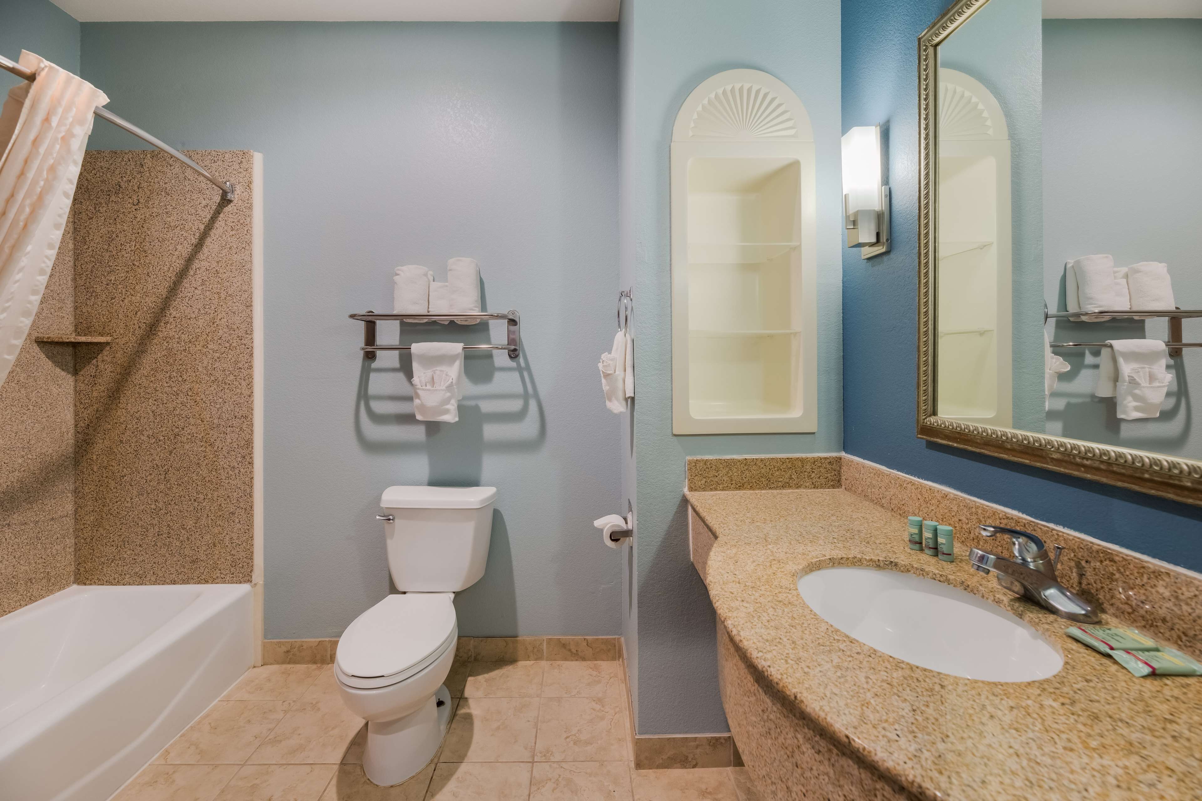 combined shower/bathtub, free toiletries, hair dryer, towels