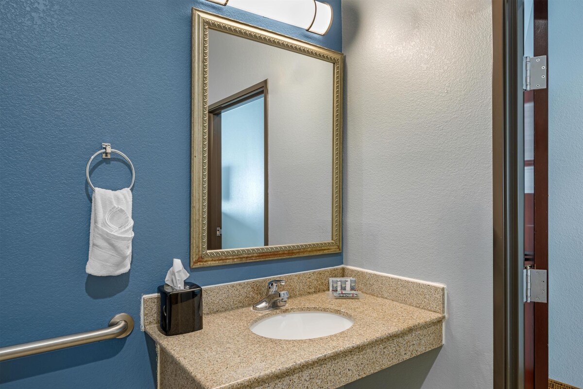 A bathroom with a sink, mirror, towel rack, and handrail.