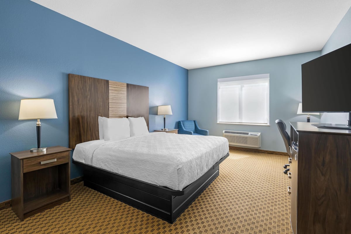 A hotel room with a bed, bedside tables, a desk, a chair, a TV, and a window.