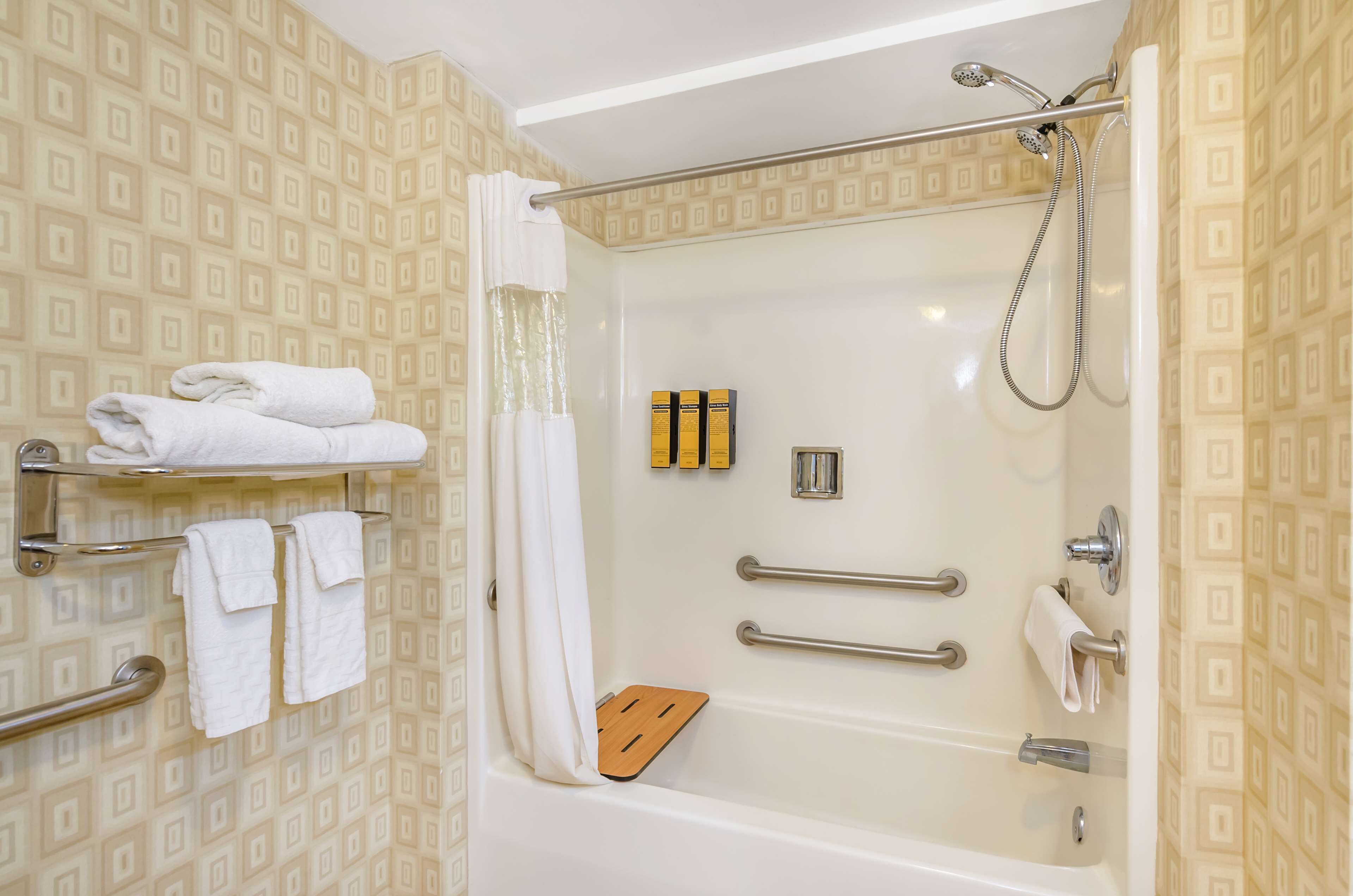 hair dryer, towels, soap, shampoo