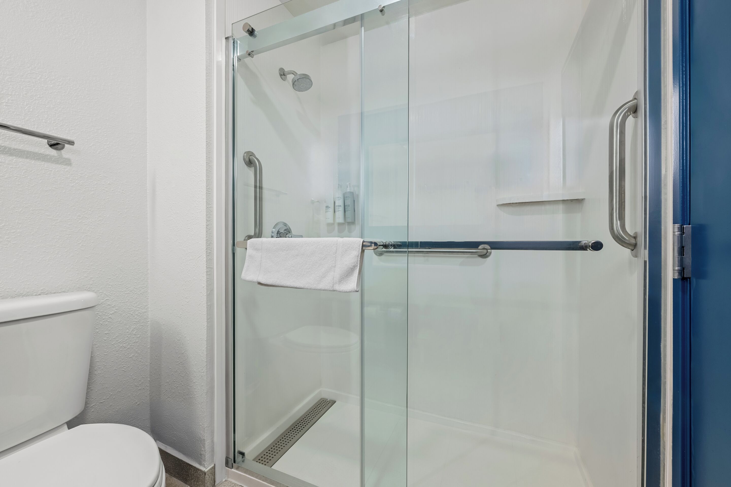 A glass-enclosed shower with a handrail, a white towel hanging on the door, and a visible toilet in the adjacent room.