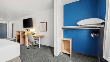 1 bedroom, desk, blackout drapes, iron/ironing board