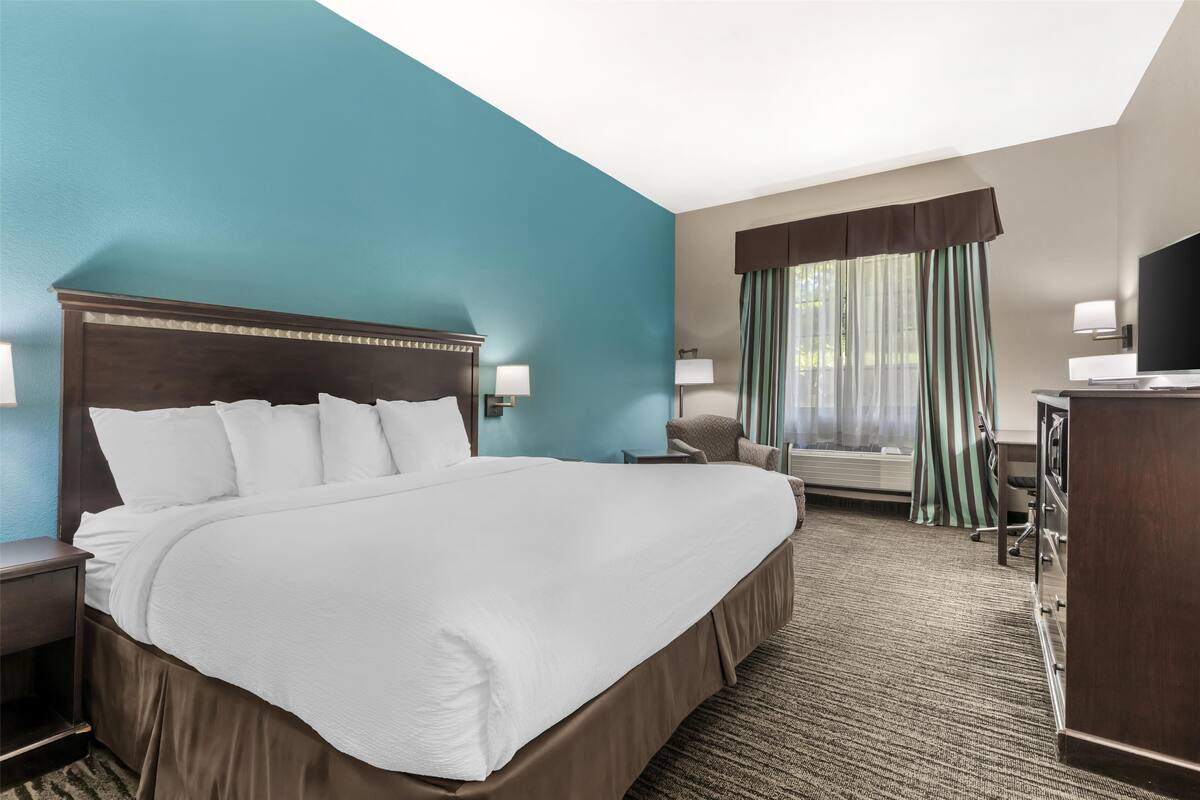 A hotel room with a large bed, a desk, a chair, and a television.