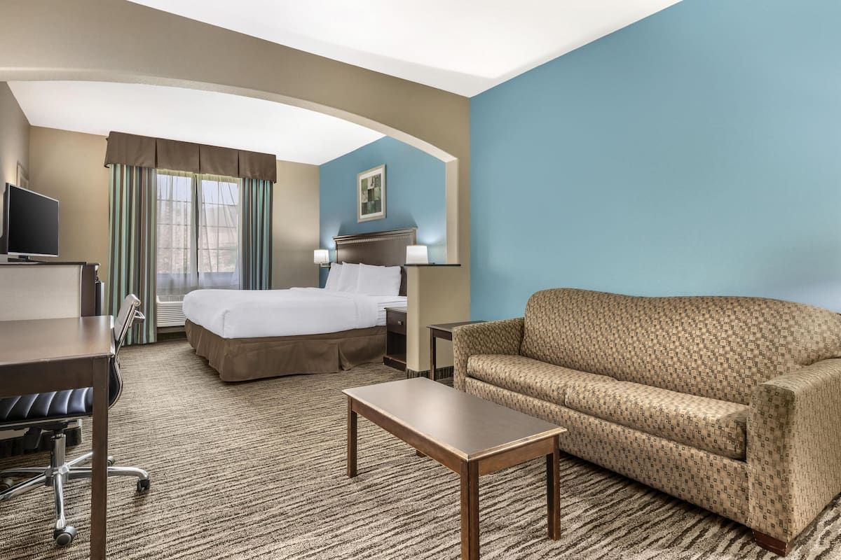 A hotel room with a bed, a sofa, a desk, a TV, and a window with curtains.