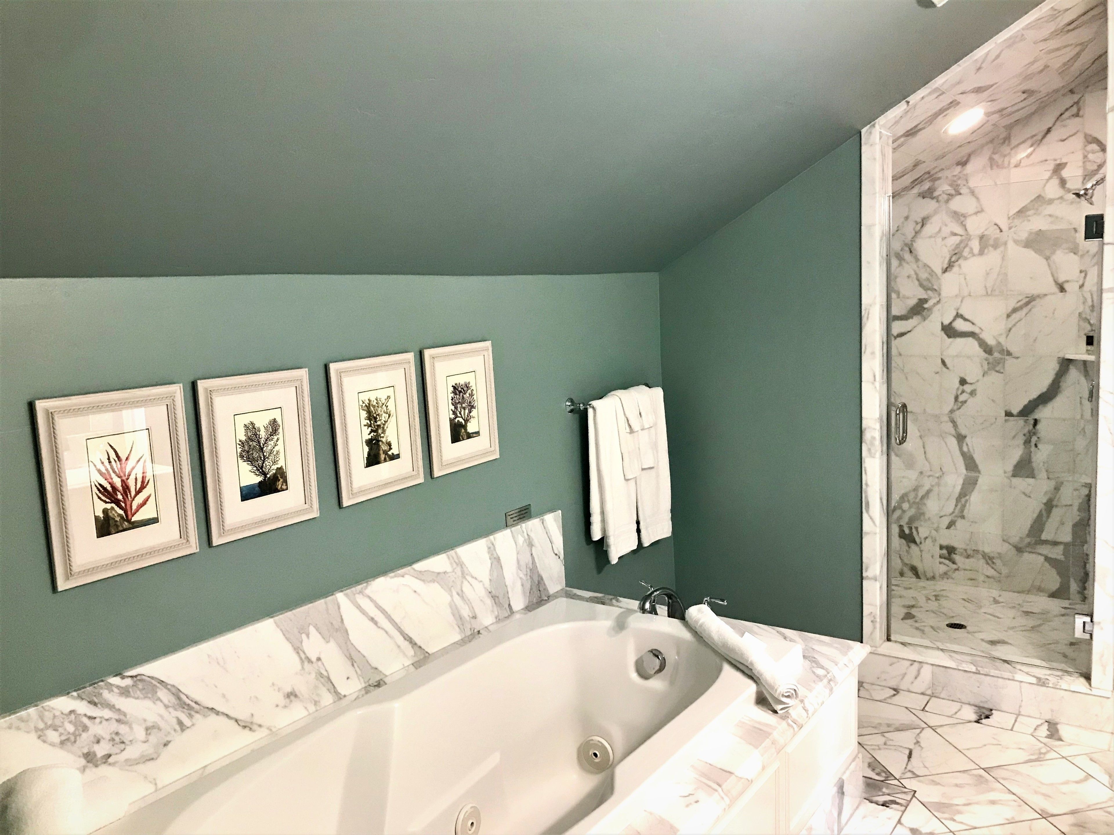 A bathroom with a large bathtub, a shower with marble walls, and four framed botanical prints on the wall.