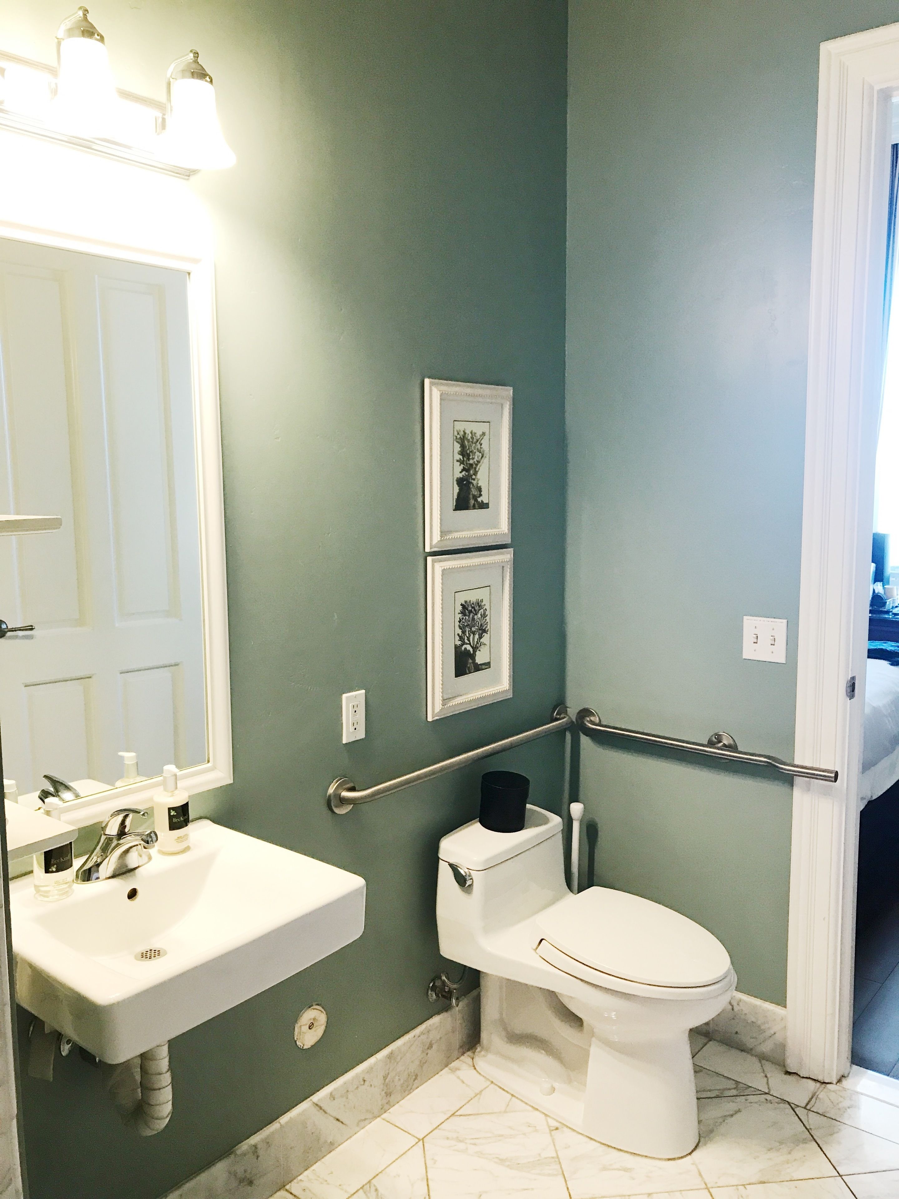 A bathroom with a white sink, a toilet, a handrail, and two framed pictures on the wall.
