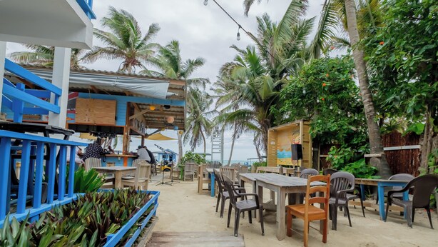 An outdoor seating area with tables and chairs, surrounded by palm trees and plants. - Seven Seas Resort (San Pedro)