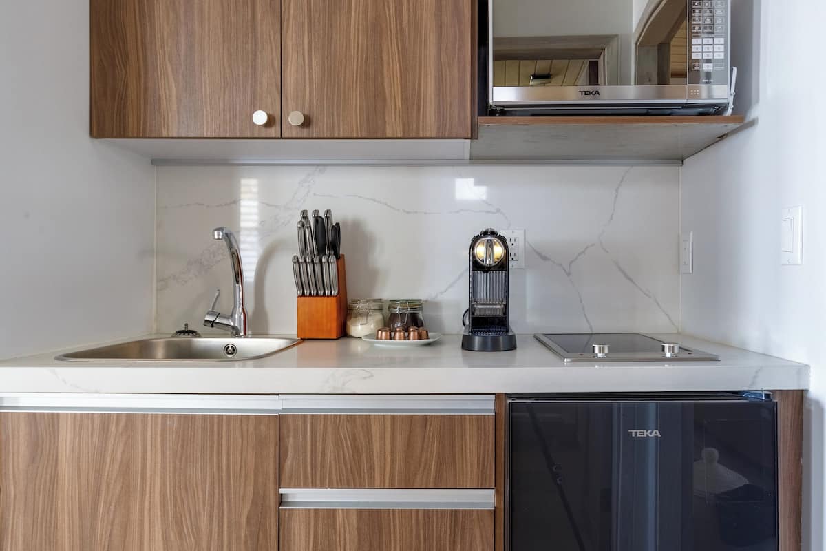 mini-fridge, coffee/tea maker, griddle