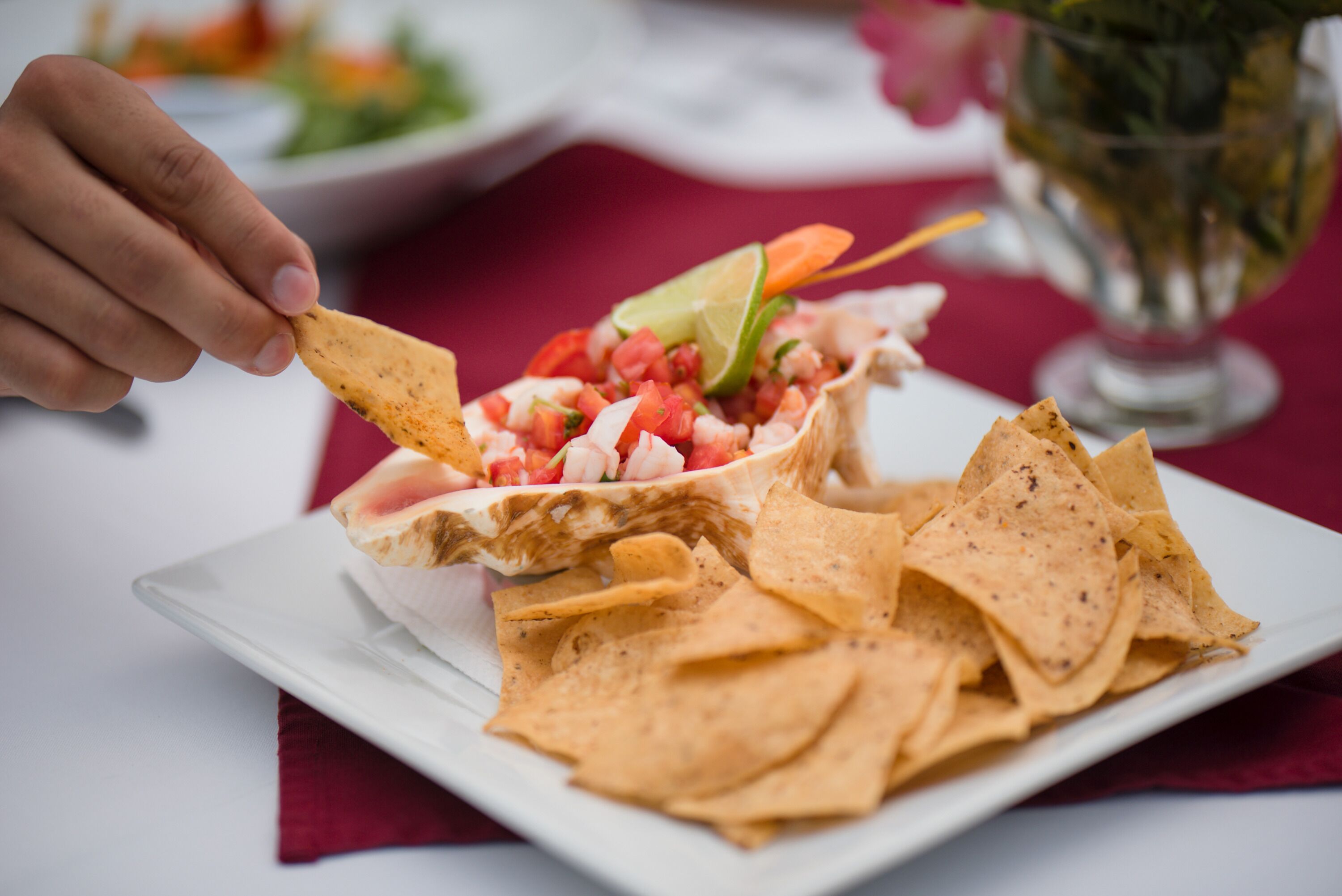 A plate of tortilla chips with a shrimp salad and lime garnish.