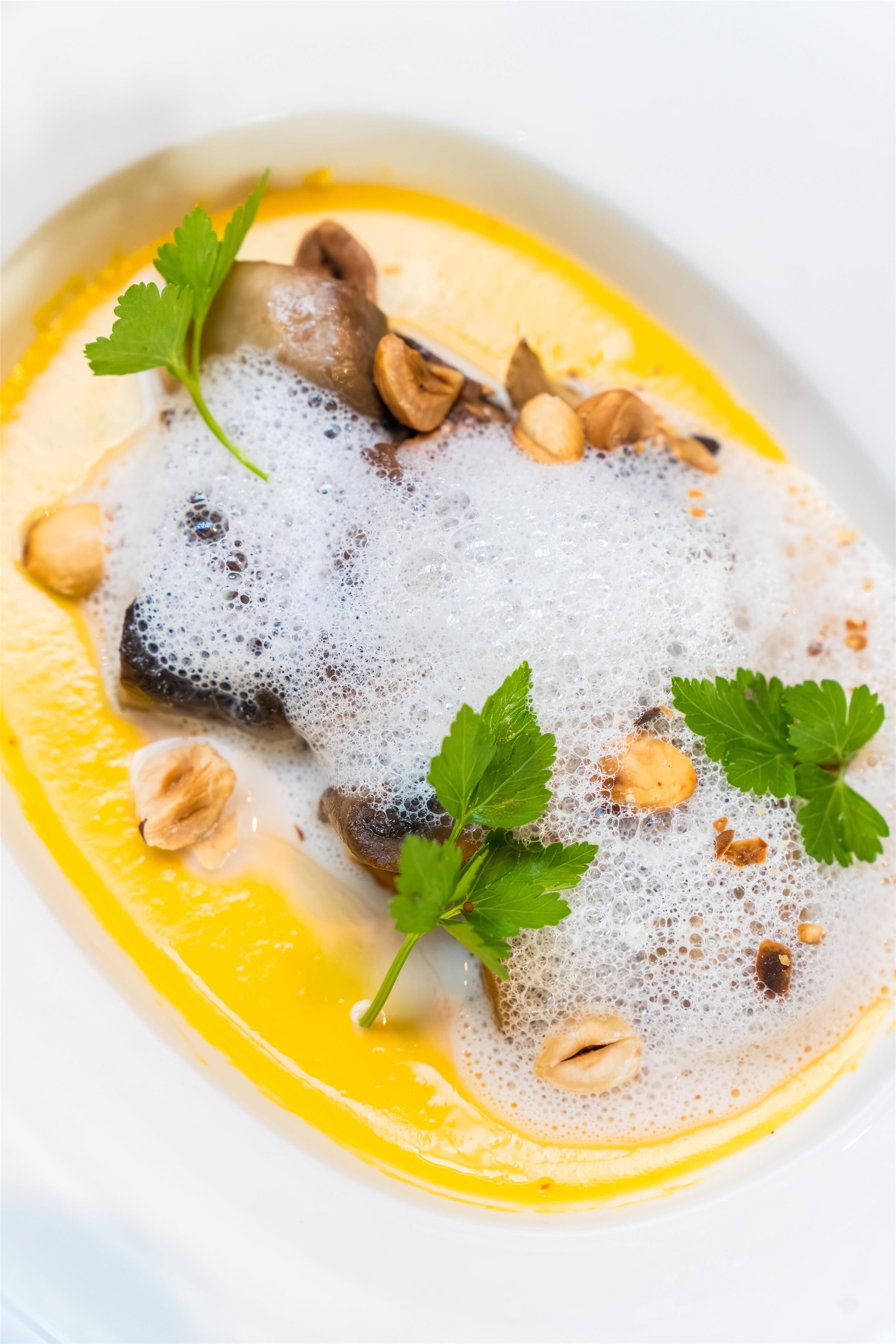 A dish with mushrooms, nuts, and parsley on a white plate.