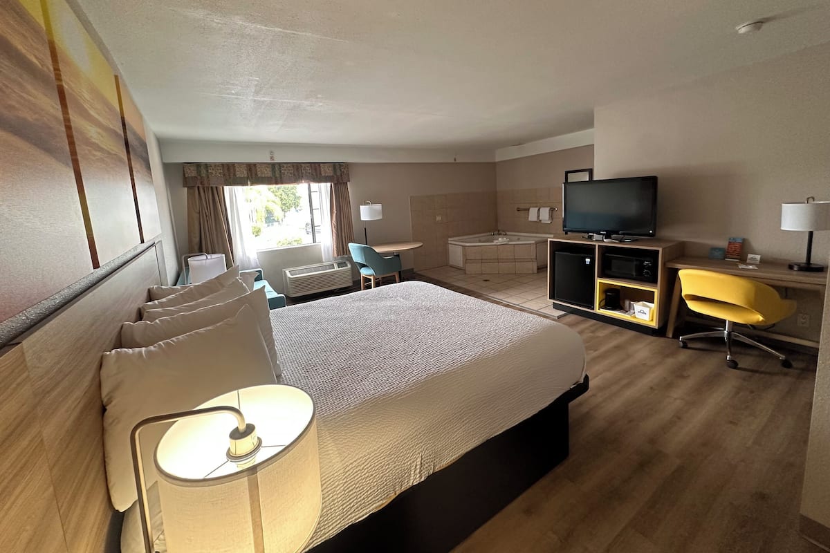 Une chambre d’hôtel avec un grand lit, un bureau doté d’un téléviseur à écran plat, une chaise, un petit canapé, une lampe de bureau et une fenêtre avec des rideaux.
