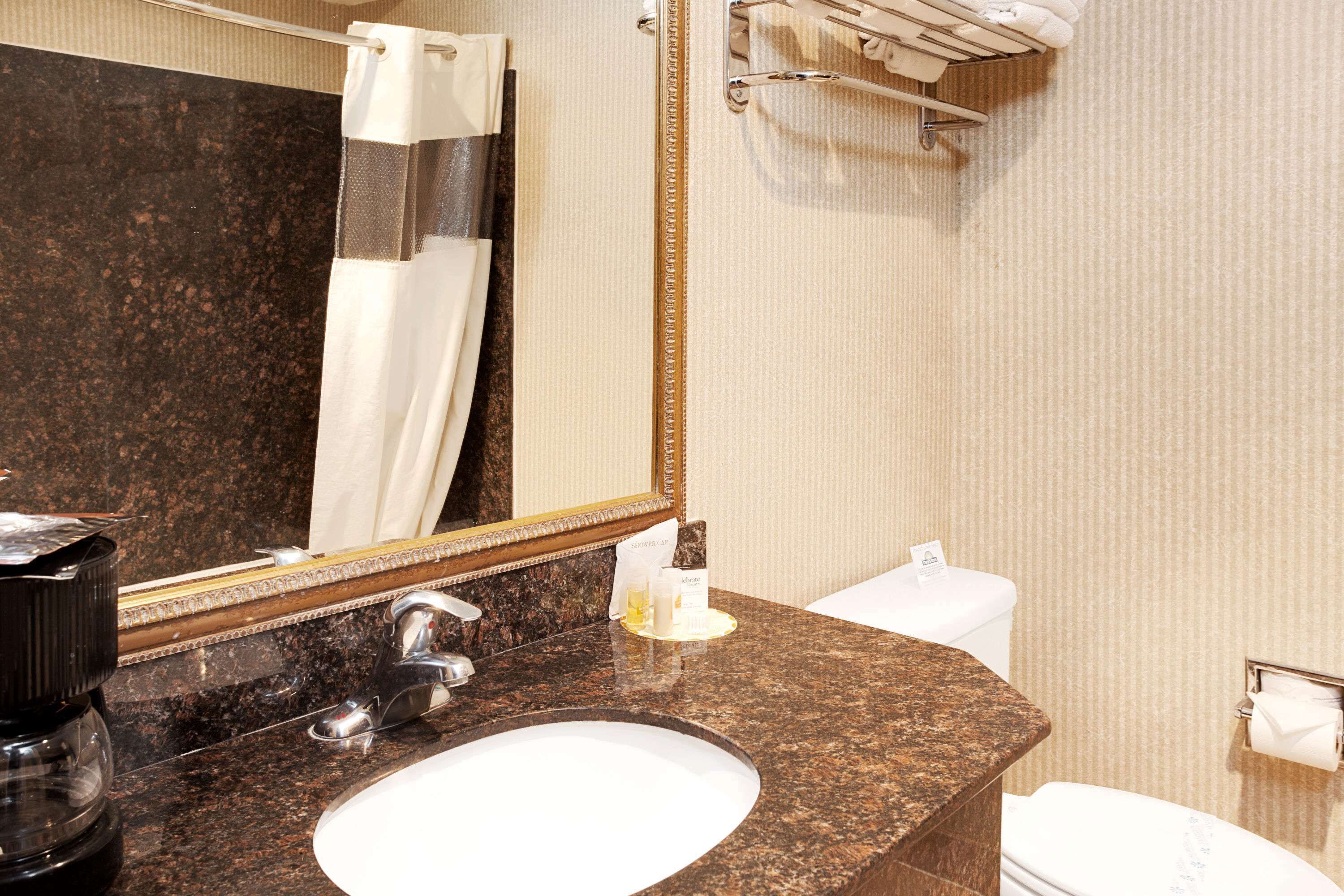 A bathroom with a granite countertop sink, a large mirror, a towel rack, and a toilet.
