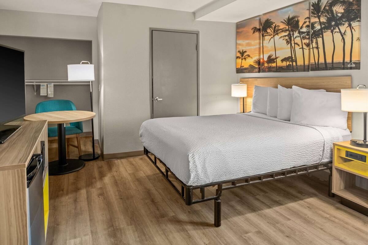 Une chambre d’hôtel avec un lit, un bureau, une chaise, une lampe et un tableau représentant des palmiers.