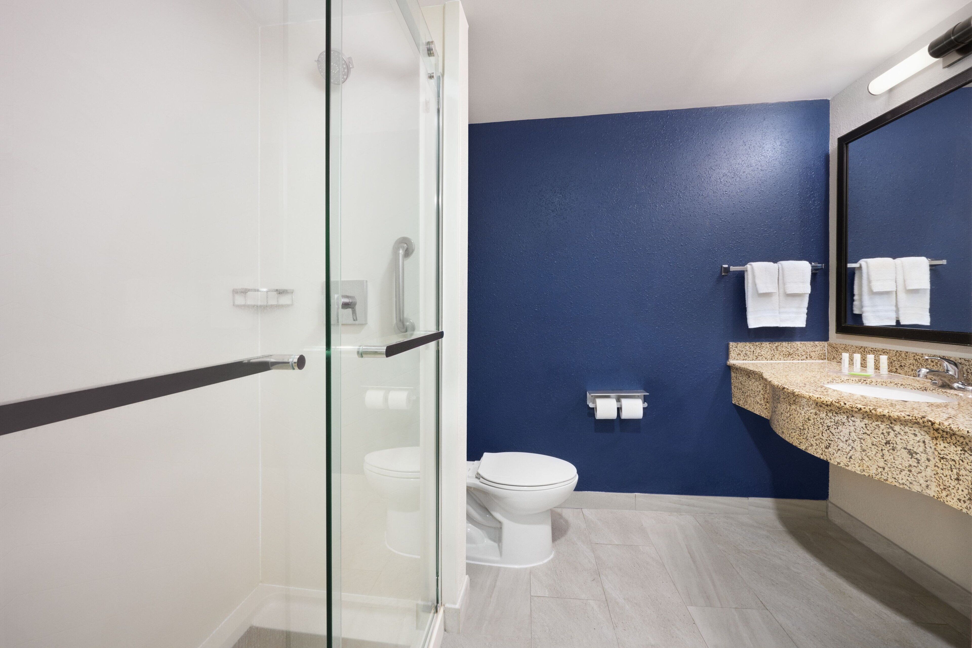 combined shower/bathtub, free toiletries, hair dryer, towels