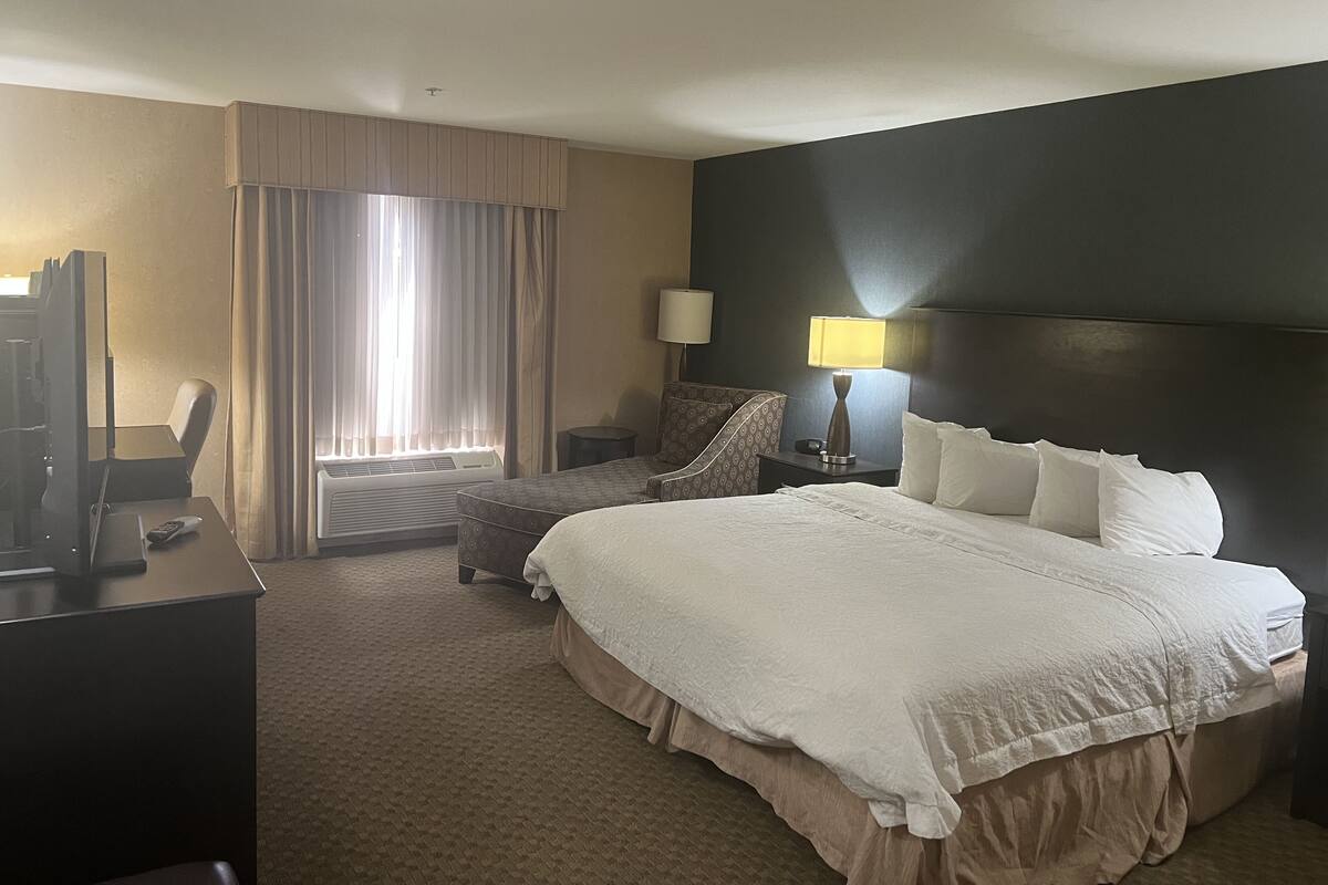 A hotel room with a large bed, a desk, a chair, a TV, a lamp, and a window with curtains.