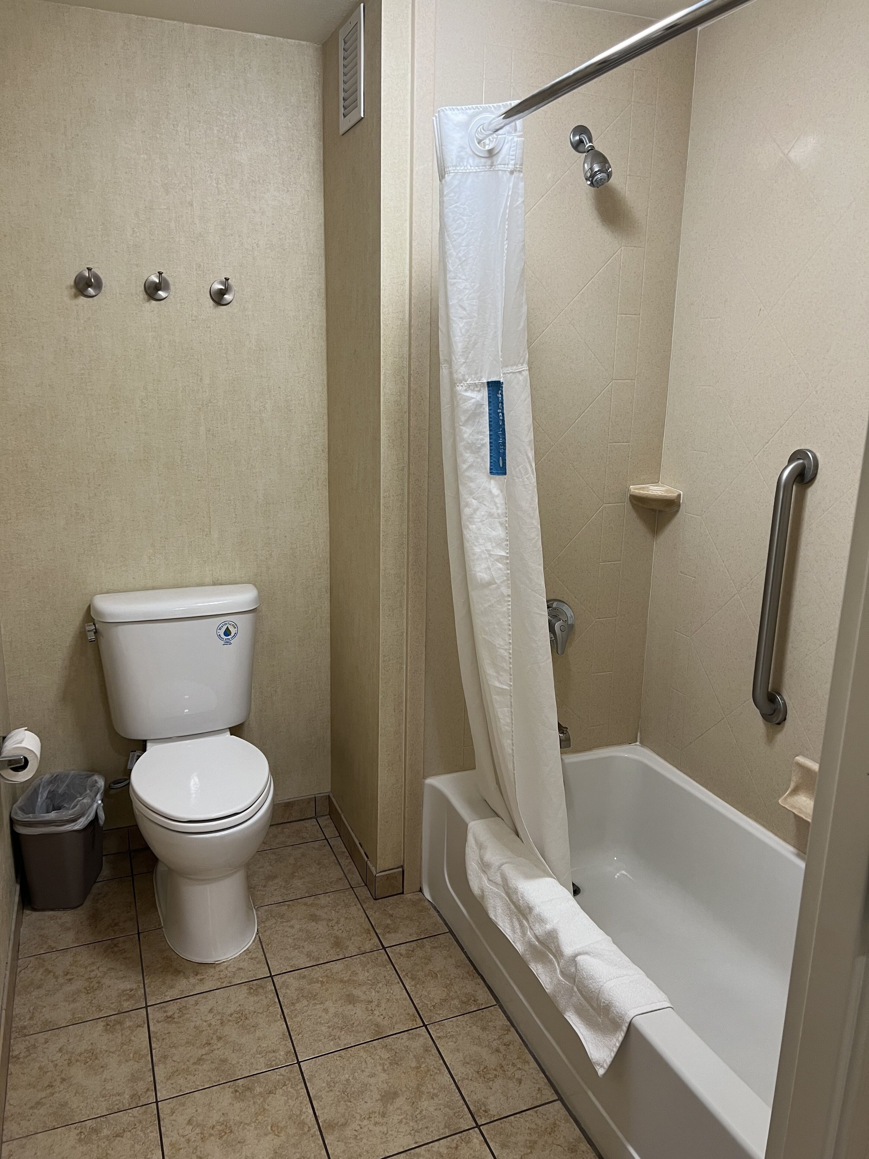 Une salle de bain équipée de toilettes, d’une douche avec une barre d’appui et d’une poubelle.