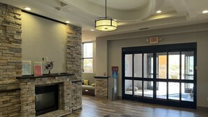 Un hall con chimenea de piedra, una puerta de entrada amplia y un tapete estampado.