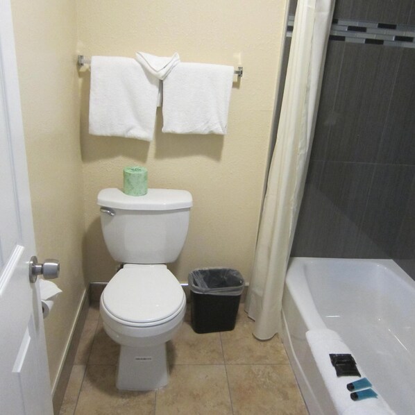 Un baño con inodoro, un bote de basura y una bañera.