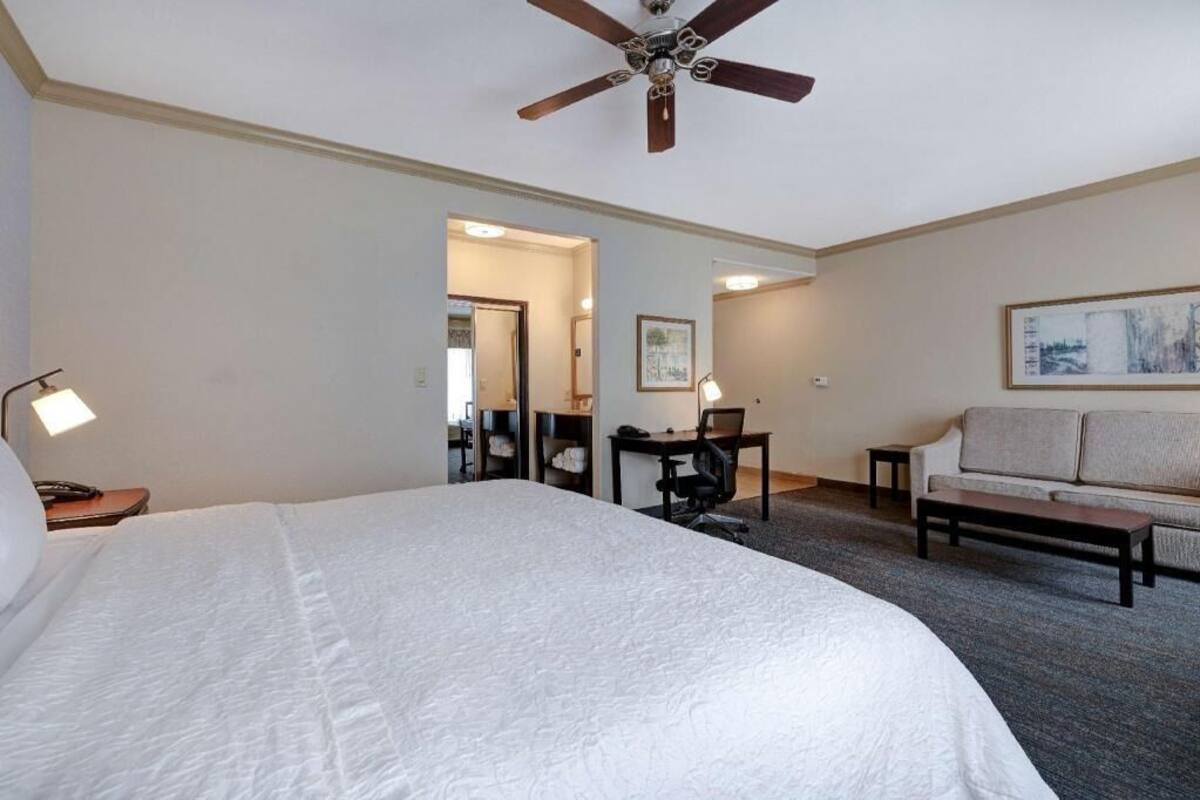 A hotel room with a large bed, a desk, a chair, a sofa, and a ceiling fan.